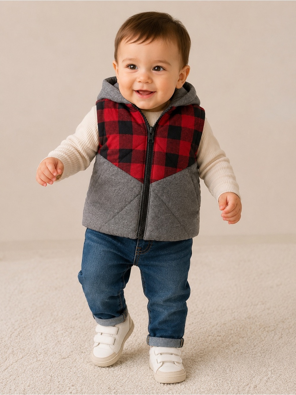 Fierce & Frank Baby Boys Plaid Quilted Hooded Puffer Vest Gray Red 12M